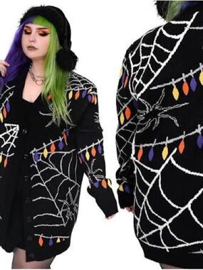 FOXBLOOD Black Spiderweb Knit Cardigan with Halloween Lights